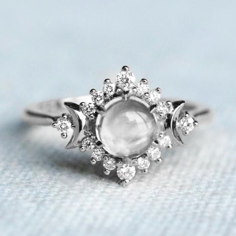 Stainless Steel Lunar Ring with Moonstone and Crystals