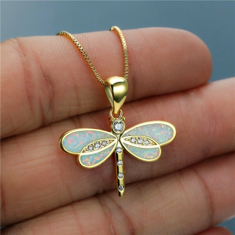 Shiny Dragonfly Necklace with Sparkling Opal and Cubic Zirconia