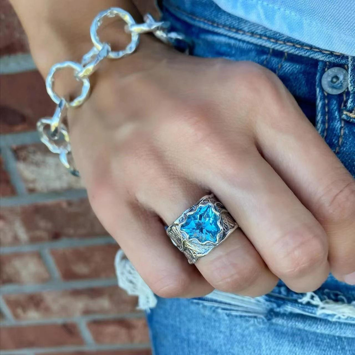 Vintage Stainless Steel Ring with Blue Triangular Stone