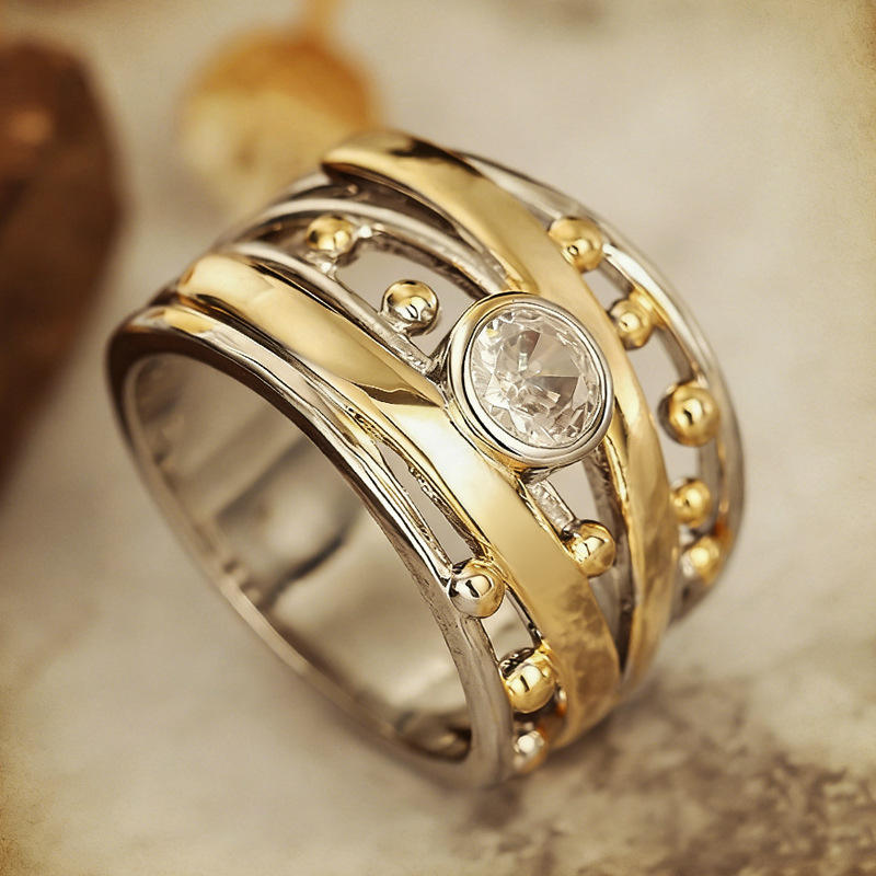 Two-Tone Vintage Stainless Steel Ring with Rub-Over Set Diamond