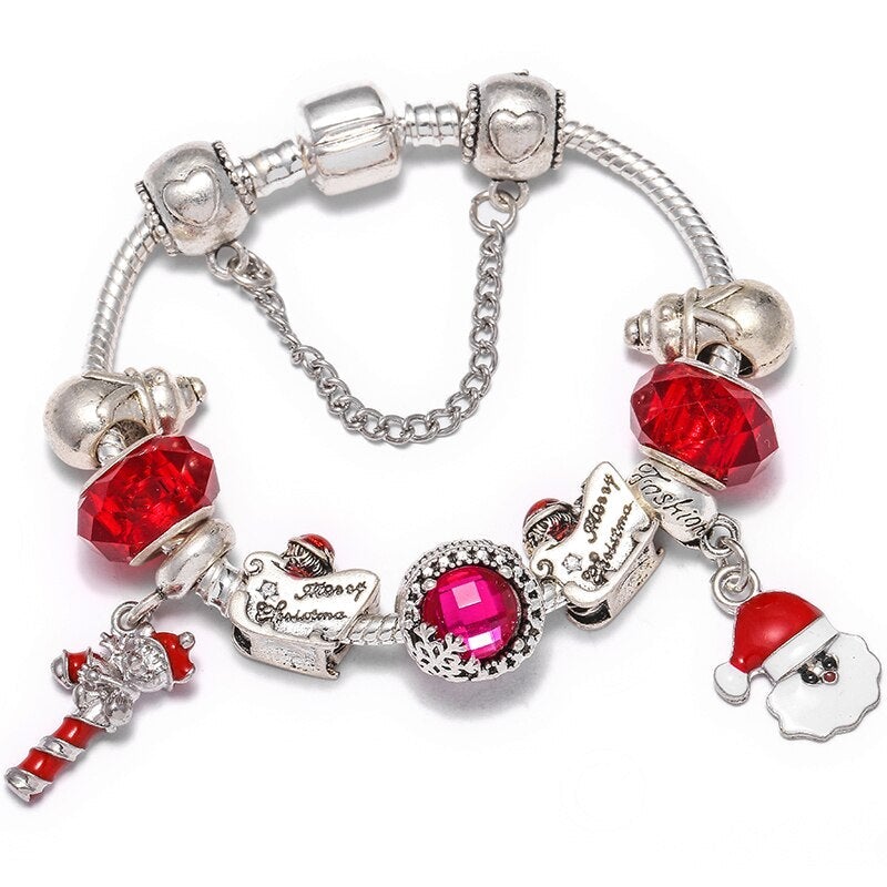 Festive Christmas Bracelet with Red Crystals and Santa Claus Charms