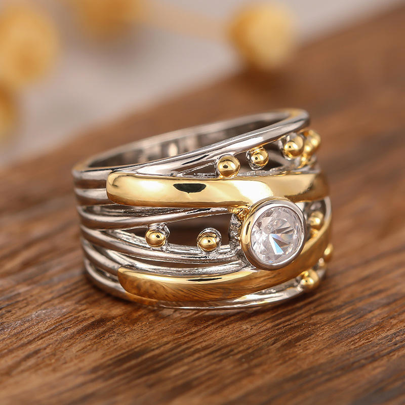 Two-Tone Vintage Stainless Steel Ring with Rub-Over Set Diamond