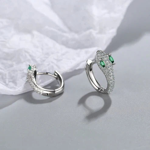 Brilliant Snake Earrings with Cubic Zirconia and Green Emerald Eyes