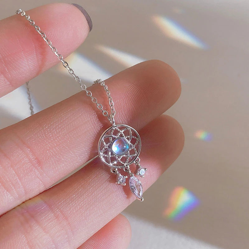 Sparkling Moonstone Dreamcatcher Necklace with Brilliant Cubic Zirconia Details