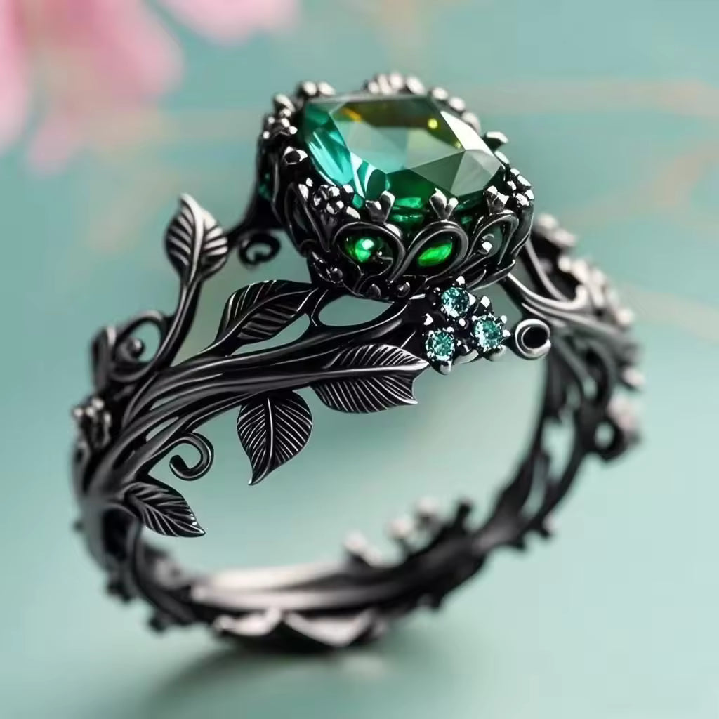 Green Crystal Floral Ring in Rose Gold