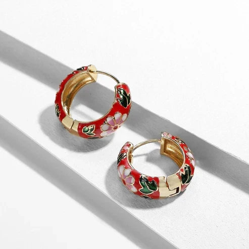 Elegant floral hoop earrings: vibrant enamel earrings with a floral pattern