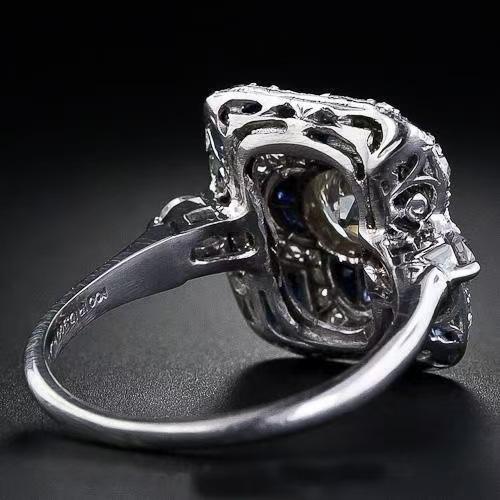 Silver Art Deco Ring with Blue Cubic Zirconia