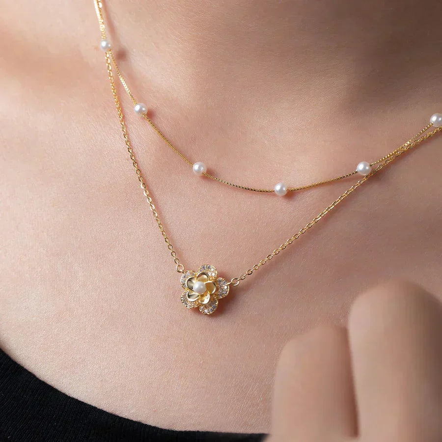 Double-Layer Flower Necklace with Pearls and Sparkling Cubic Zirconia