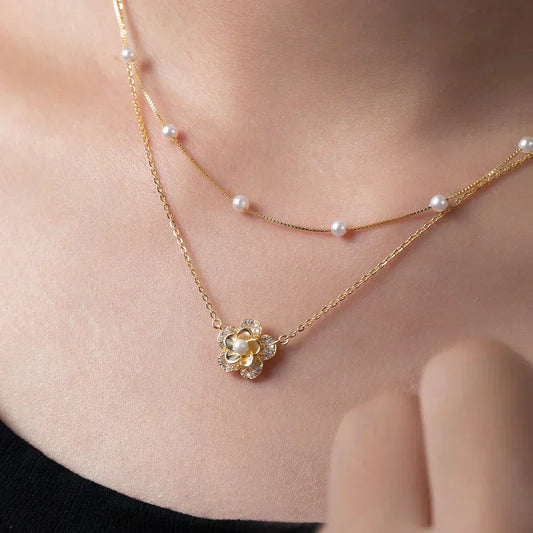 Double-Layer Flower Necklace with Pearls and Sparkling Cubic Zirconia