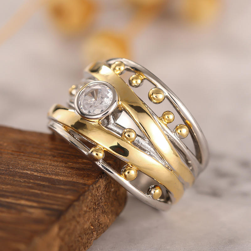 Two-Tone Vintage Stainless Steel Ring with Rub-Over Set Diamond