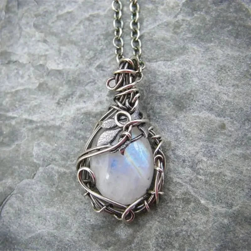 Hand-Wrapped Natural Moonstone Pendant Necklace with Artistic Leaves