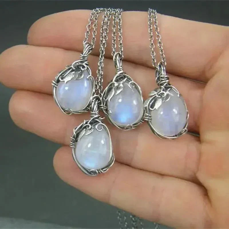 Hand-Wrapped Natural Moonstone Pendant Necklace with Artistic Leaves