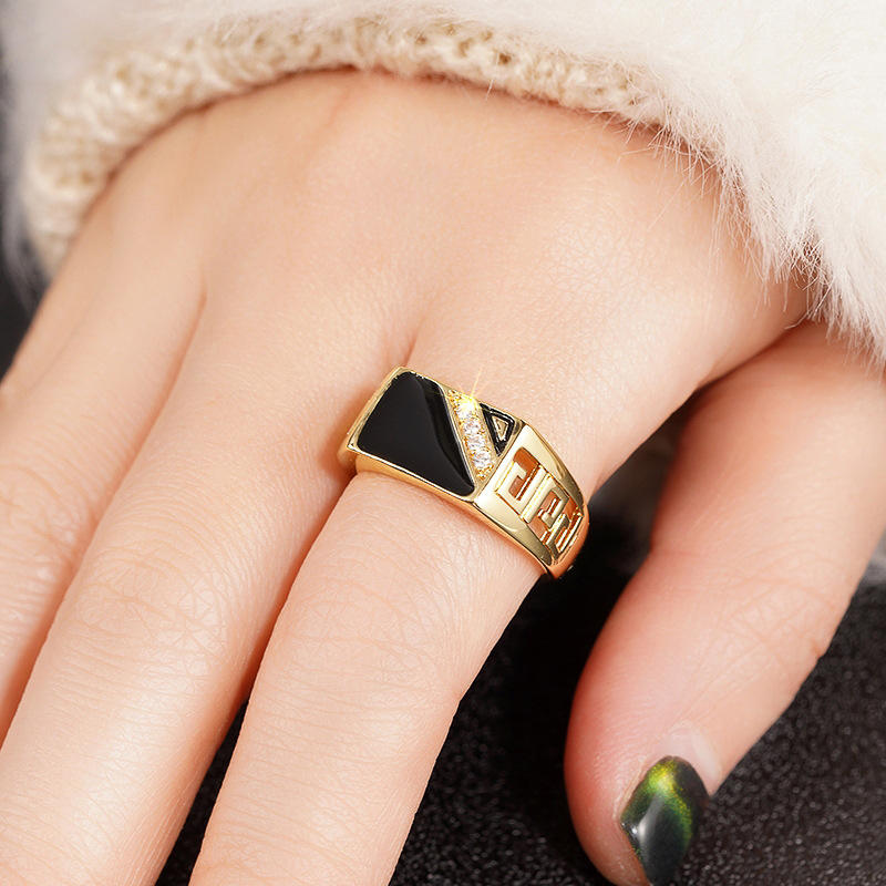 Gold-Plated Stainless Steel Ring with Black Stone