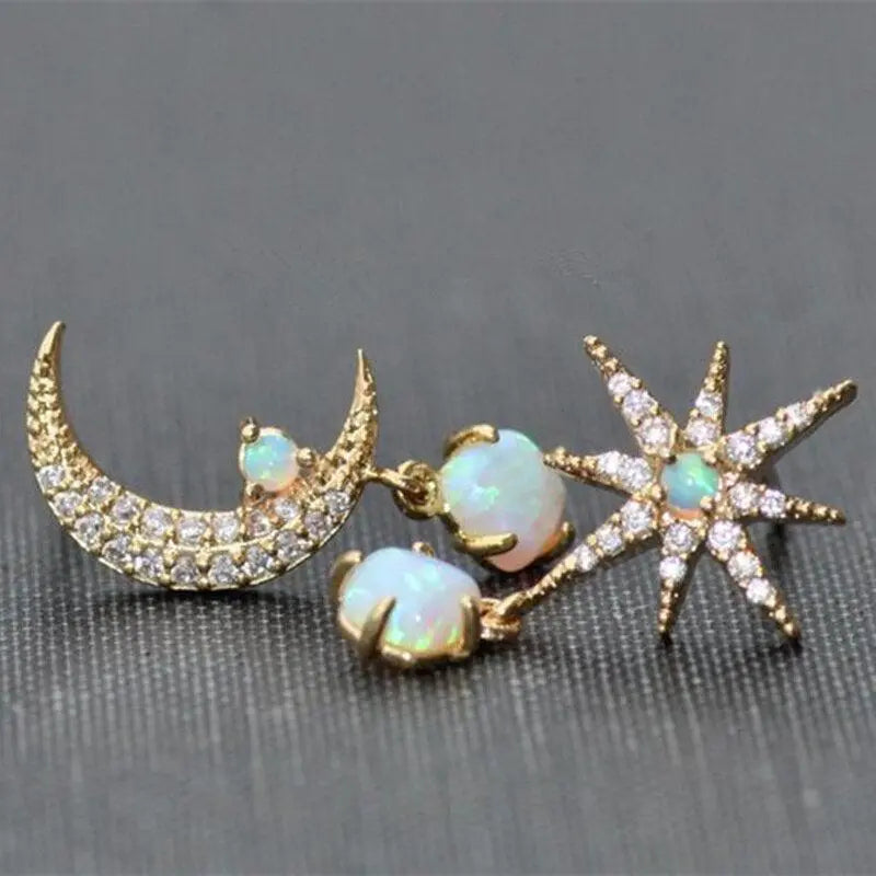 Brilliant Moon and Star Opal Earrings with Cubic Zirconia