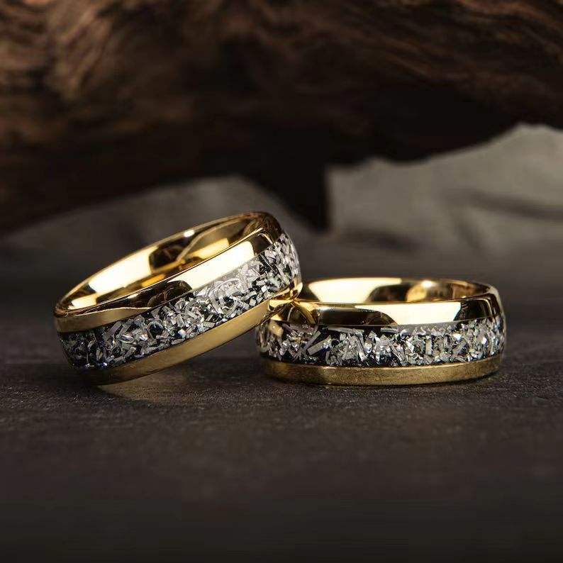 Stainless Steel Ring with Silver Foil Inlay and Gold Edges