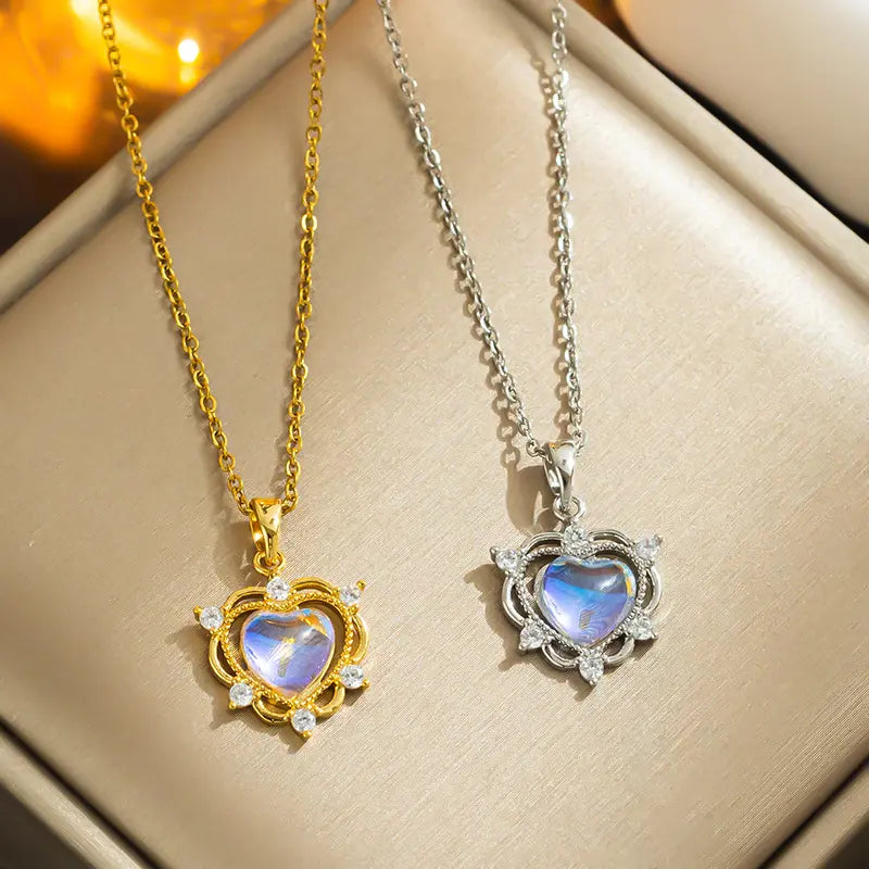 Rainbow Moonstone Heart Necklace with Cubic Zirconia Accents