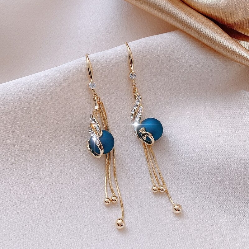 Elegant Blue or Red Tassel Earrings with Rhinestone Details