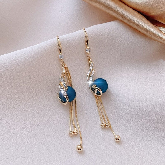 Elegant Blue or Red Tassel Earrings with Rhinestone Details