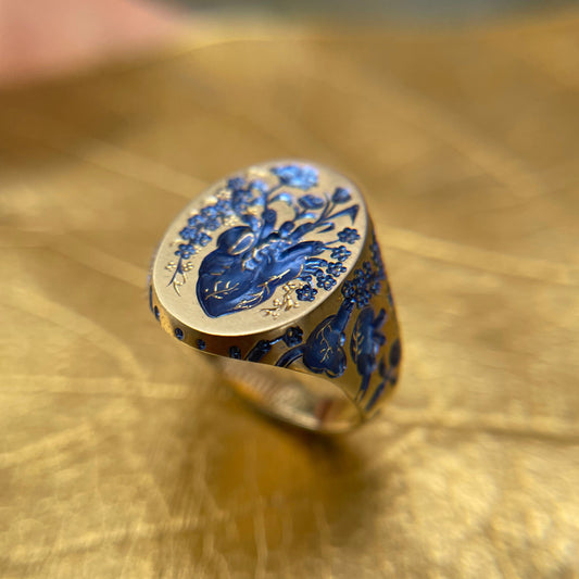 Gold Vintage Signet Ring with Blue Flowers