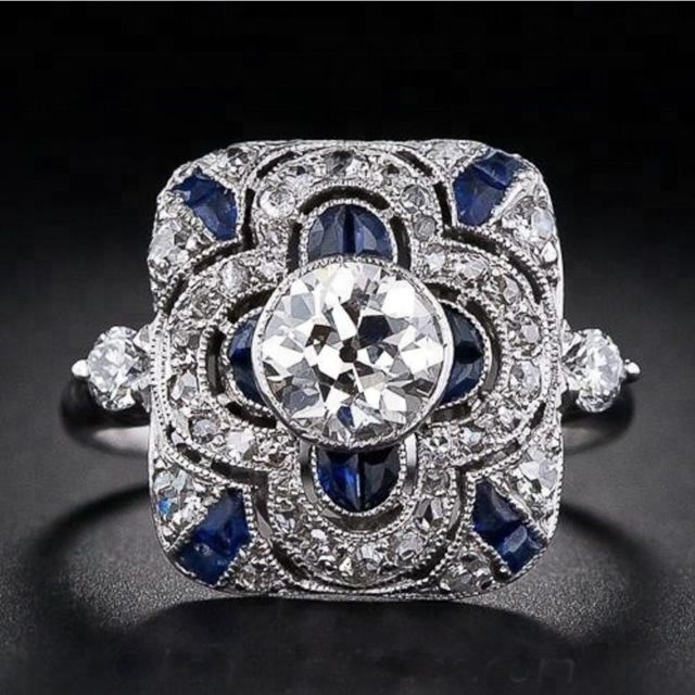Silver Art Deco Ring with Blue Cubic Zirconia