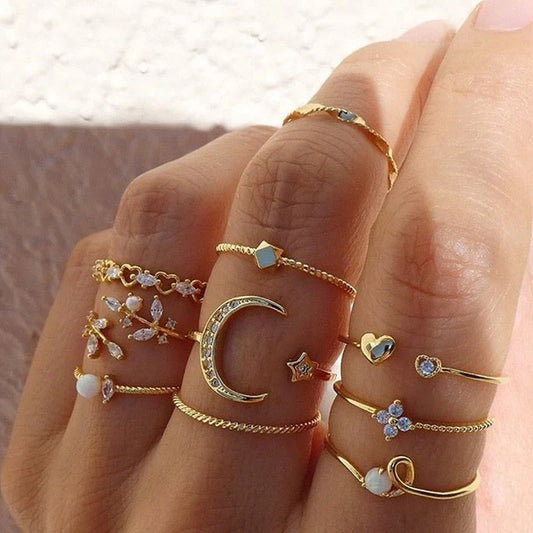 Set of 10 Boho Rings – Celestial & Romantic Style