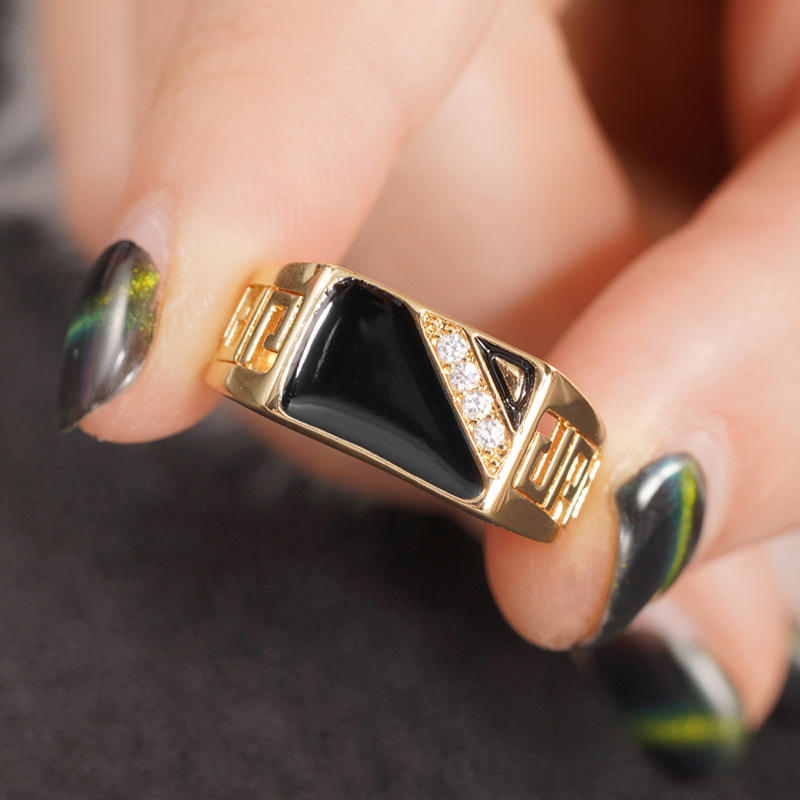 Gold-Plated Stainless Steel Ring with Black Stone