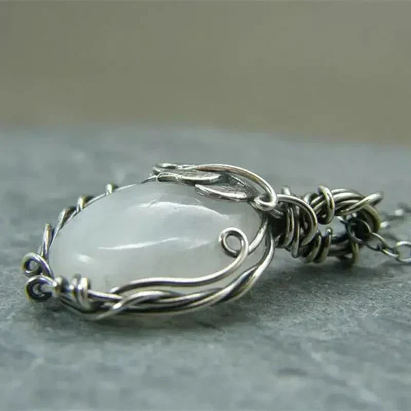 Hand-Wrapped Natural Moonstone Pendant Necklace with Artistic Leaves