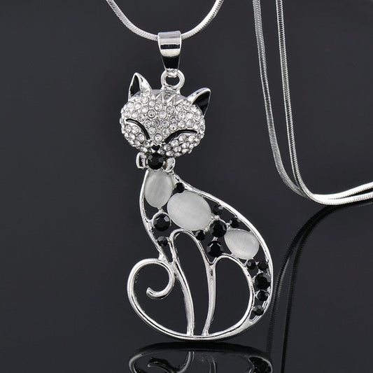 Elegant Cat Necklace with Rhinestones and Opal Pendant