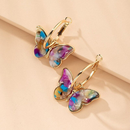 Colourful butterfly hoop earrings with enamel detailing