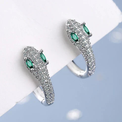 Brilliant Snake Earrings with Cubic Zirconia and Green Emerald Eyes