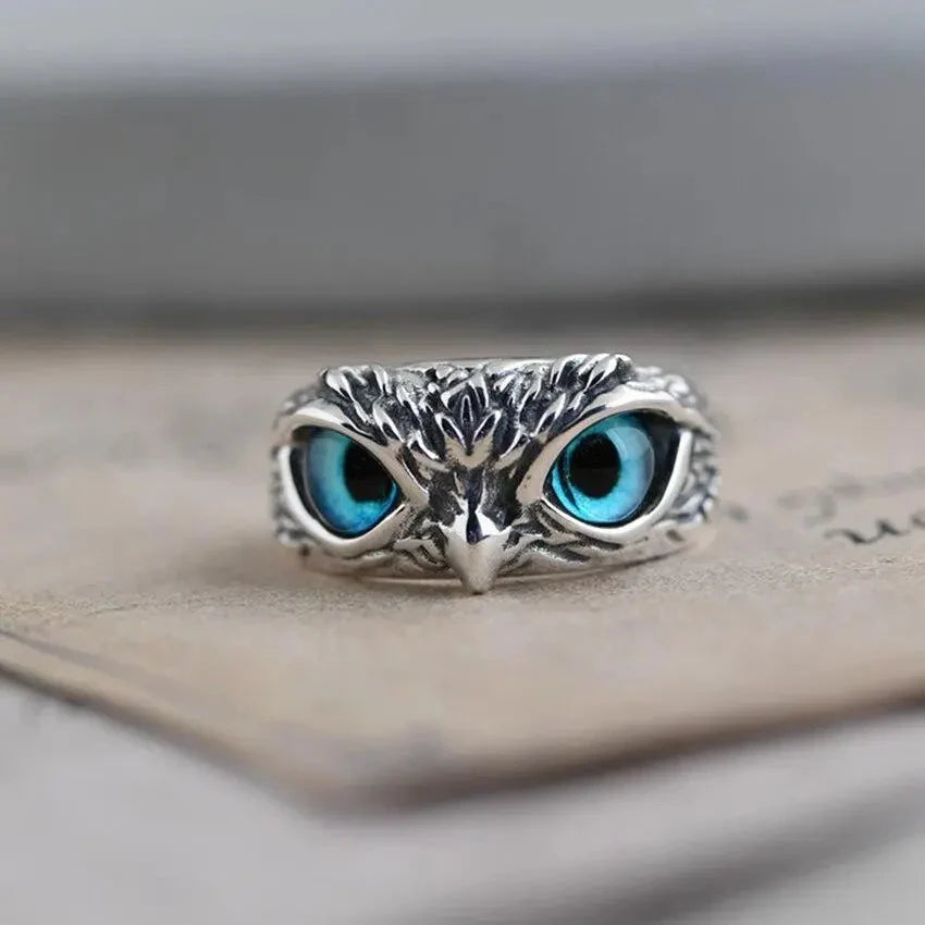Silver Owl Ring with Blue Eyes