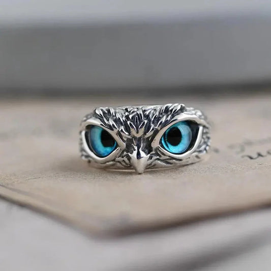 Silver Owl Ring with Blue Eyes