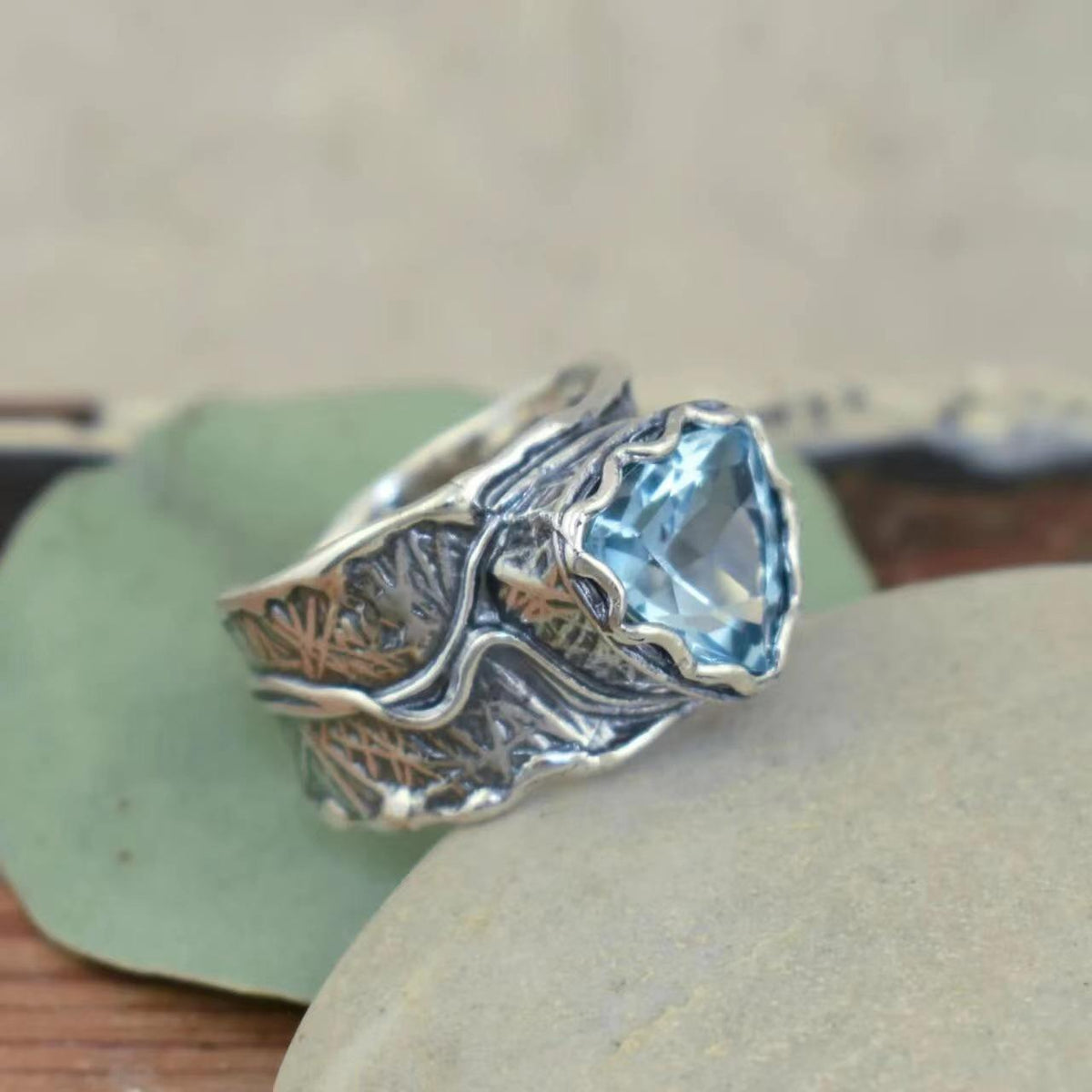 Vintage Stainless Steel Ring with Blue Triangular Stone
