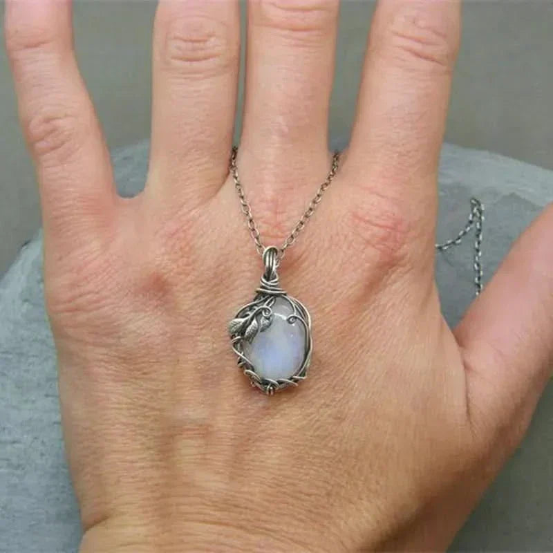 Hand-Wrapped Natural Moonstone Pendant Necklace with Artistic Leaves