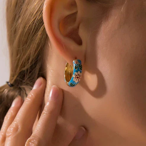 Elegant floral hoop earrings: vibrant enamel earrings with a floral pattern