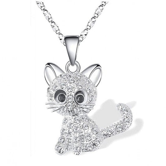Cute Cat Necklace with Sparkling Cubic Zirconia Crystals in Various Colors