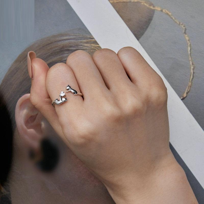 Adjustable "Playful Kittens" Ring — Silver Colored and Zirconia