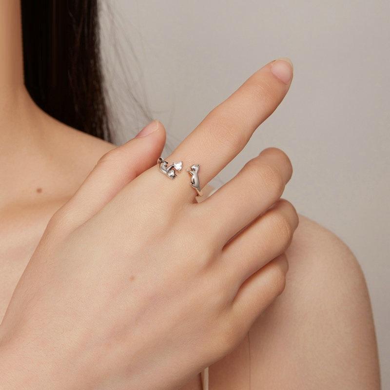 Adjustable "Playful Kittens" Ring — Silver Colored and Zirconia