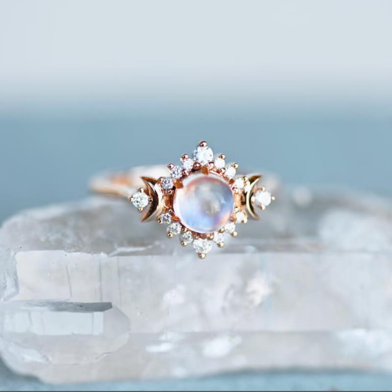 Stainless Steel Lunar Ring with Moonstone and Crystals