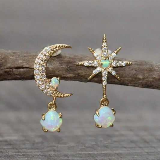 Brilliant Moon and Star Opal Earrings with Cubic Zirconia