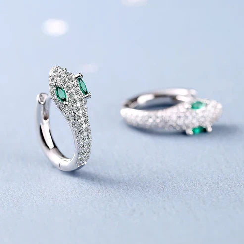 Brilliant Snake Earrings with Cubic Zirconia and Green Emerald Eyes