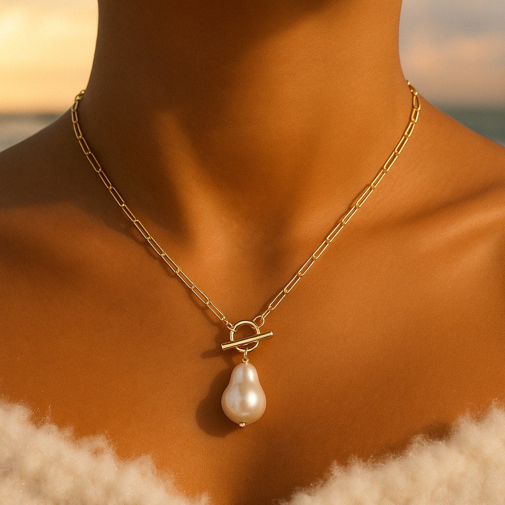 Elegant Baroque Pearl Necklace with T-Bar Clasp and Link Chain