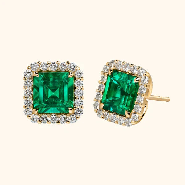 Brilliant-cut square emerald earrings set with diamonds