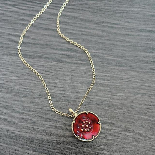 Vintage Necklace with Bright Red Flower Pendant