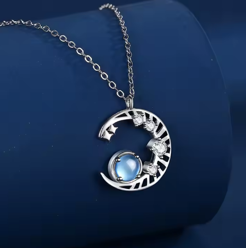 Mystical Moonstone Moon Necklace with Sparkling Cubic Zirconia Stars