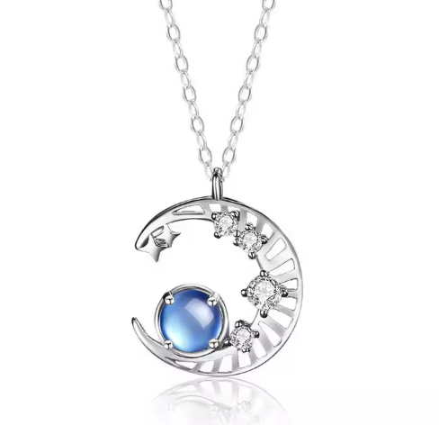 Mystical Moonstone Moon Necklace with Sparkling Cubic Zirconia Stars
