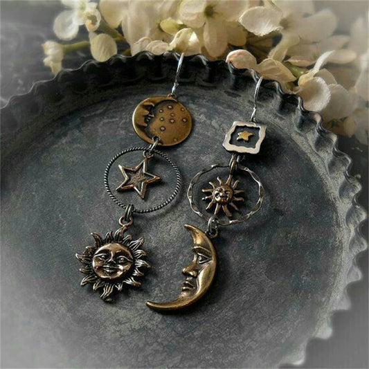 Antique Bronze Sun Moon Star Dangle Earrings