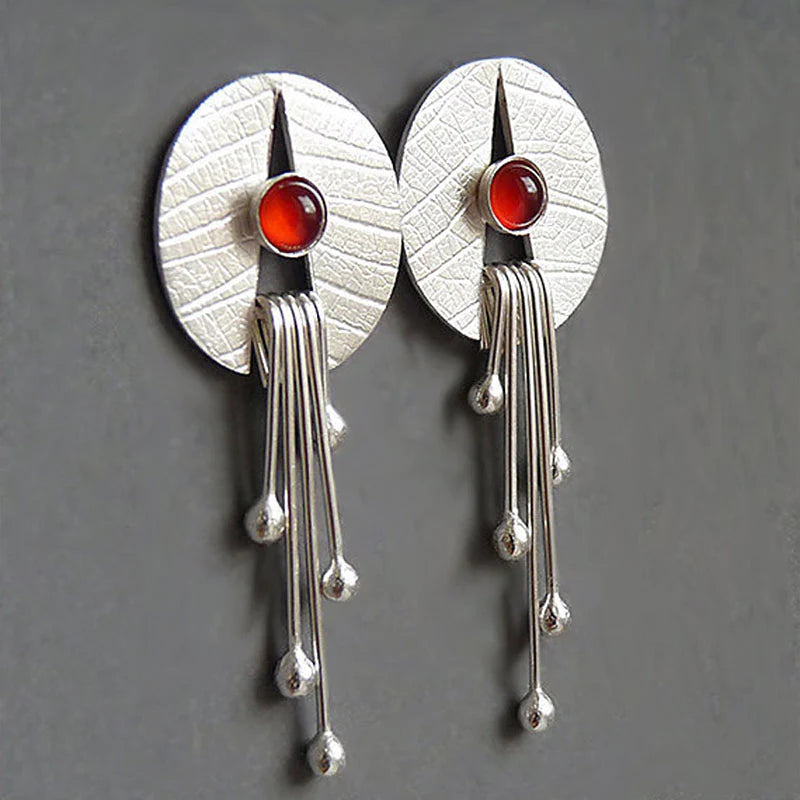 Artistic Earrings with Deep Red Stone and Modern Dangle Elements