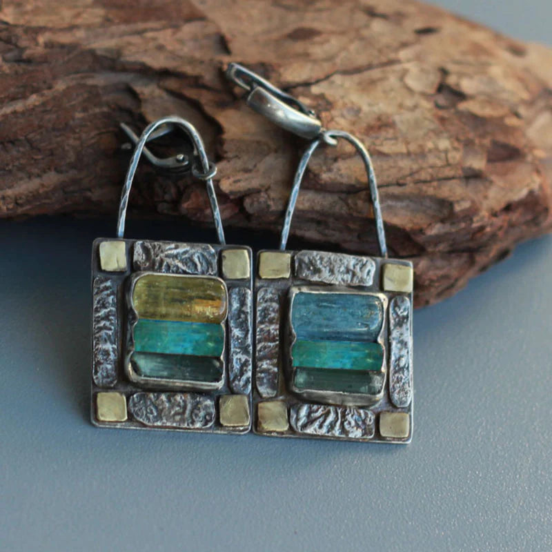 Elegant Vintage Earrings with Blue-Green Tourmaline and Structured Look