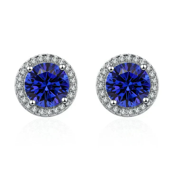 Earrings with sapphire-blue cubic zirconia halo and crystals